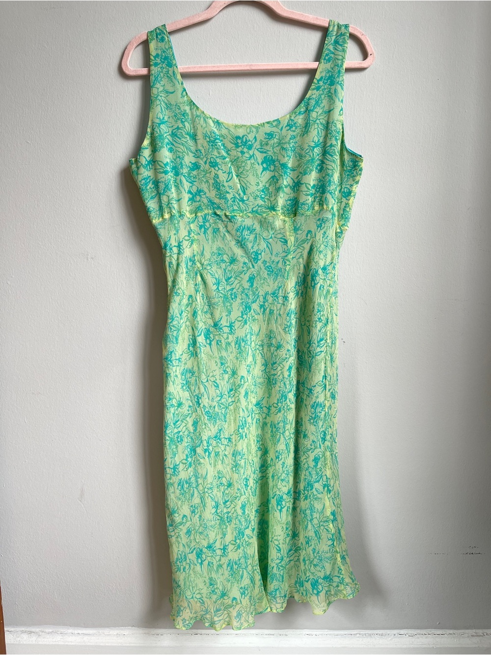 Vintage 100% Silk Sleeveless Light Yellow & Teal Floral Midi Dress